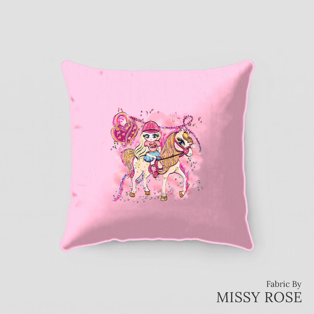 Design 399 Horse Riding Panel sewn into a cushion – see how the panel looks made up | Fabric by Missy Rose