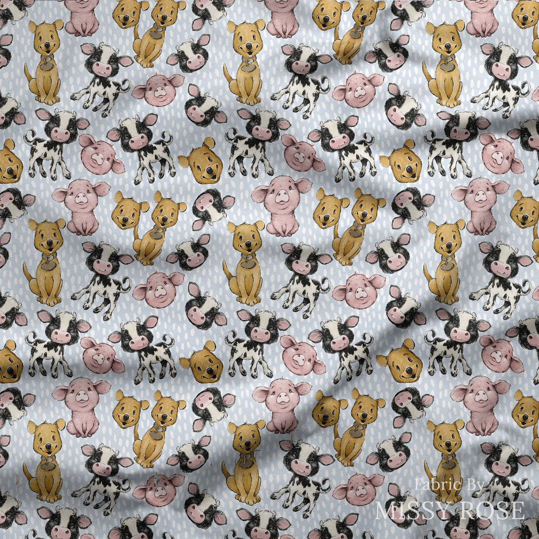 Design 4 Blue Farm Fabric draped fabric mockup – custom printed fabric by the metre | Fabric by Missy Rose