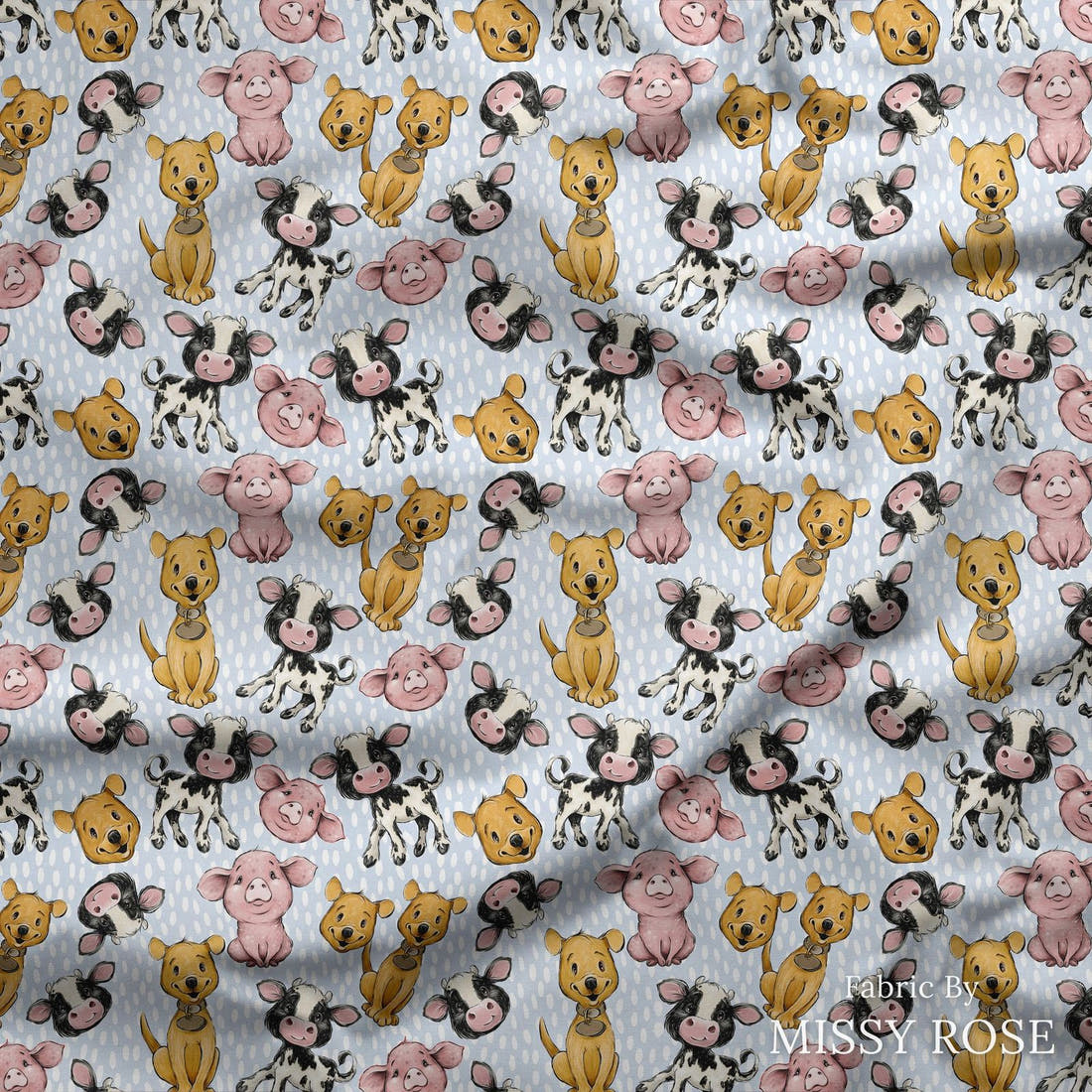 Design 4 Blue Farm Fabric draped fabric mockup – custom printed fabric by the metre | Fabric by Missy Rose