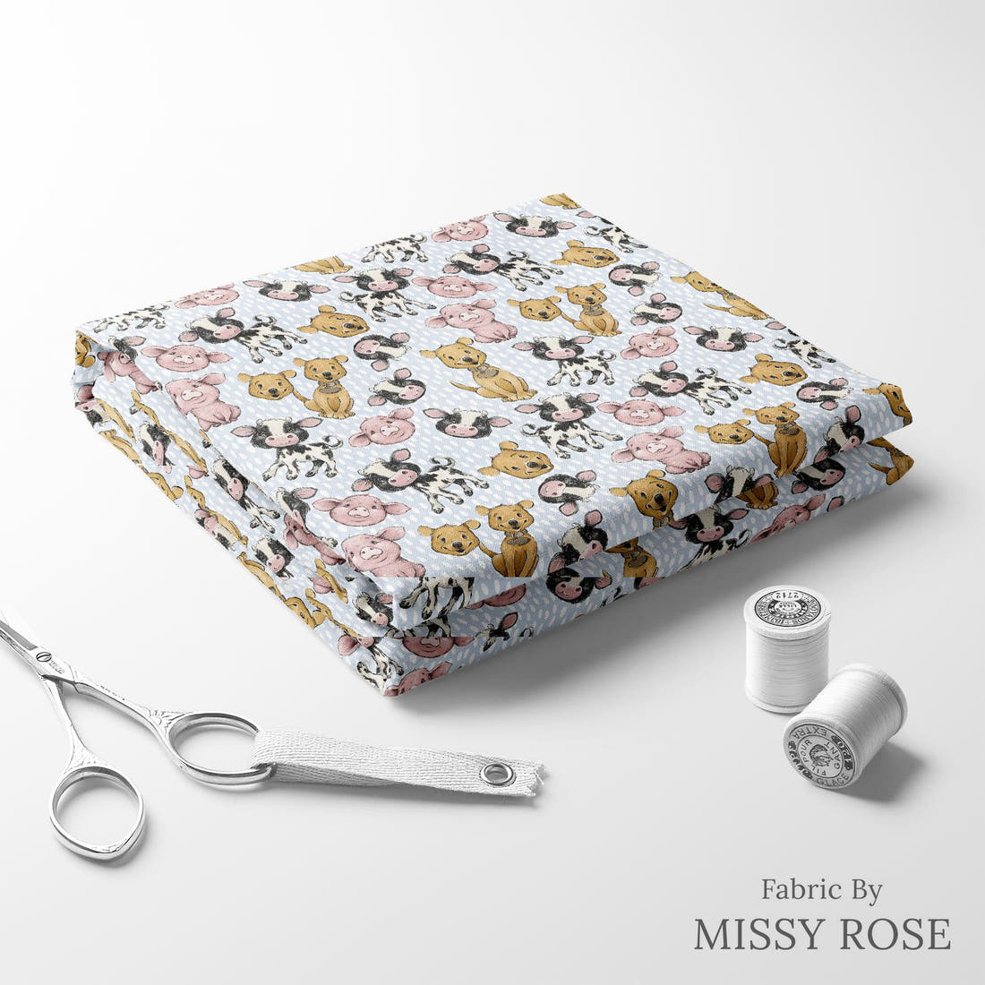 Design 4 Blue Farm Fabric folded fabric stack with matching thread – pre-order fabric Australia | Fabric by Missy Rose
