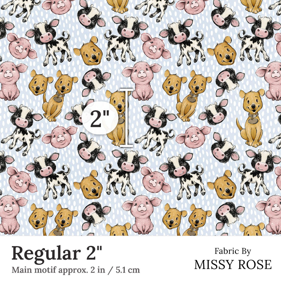 Design 4 Blue Farm Fabric Regular 2 inch print scale guide | Fabric by Missy Rose