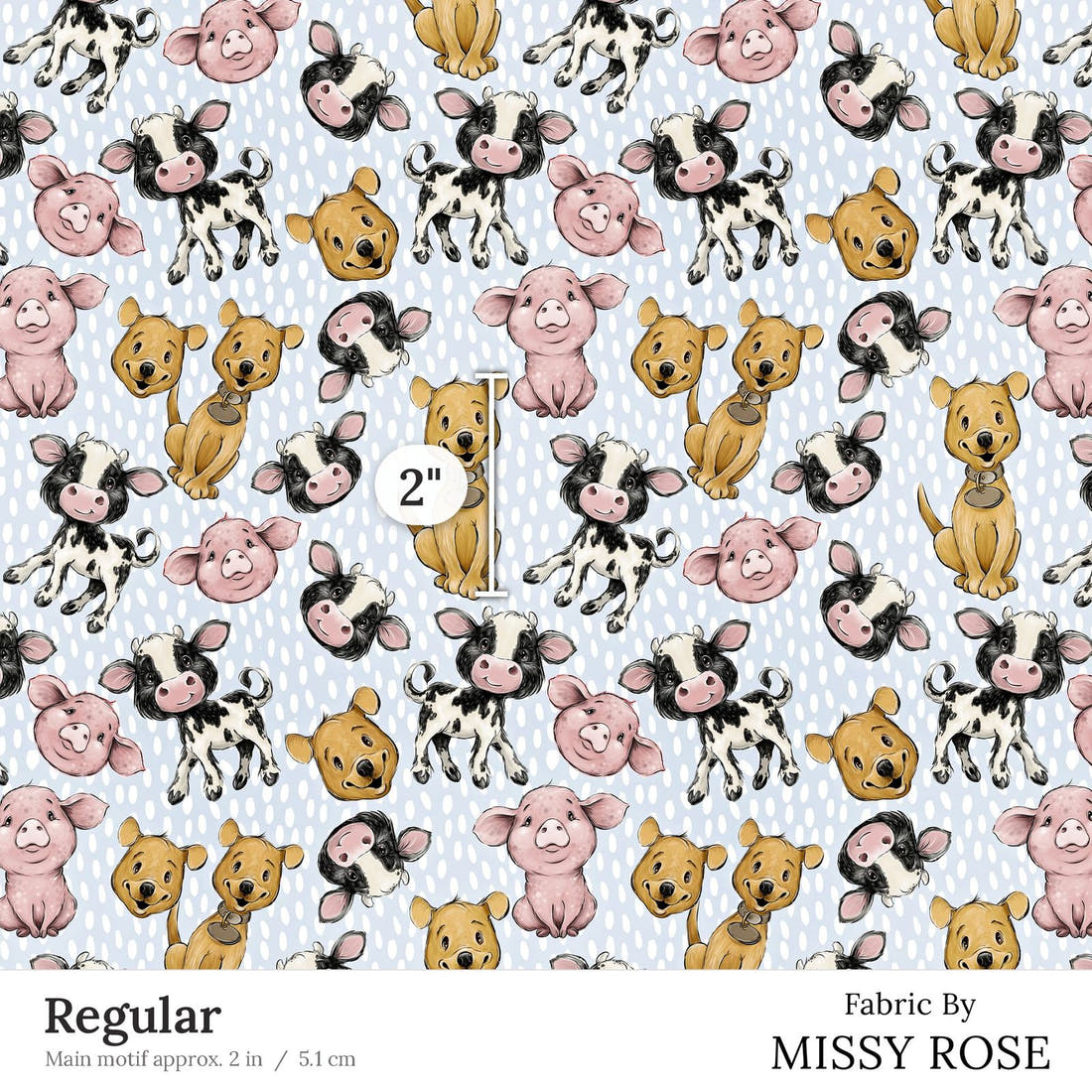 Design 4 Blue Farm Fabric Regular 2 inch print scale guide | Fabric by Missy Rose
