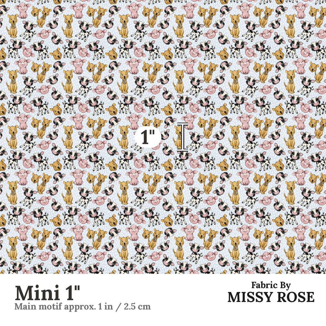 Design 4 Blue Farm Fabric Mini 1" - print scale | Fabric by Missy Rose