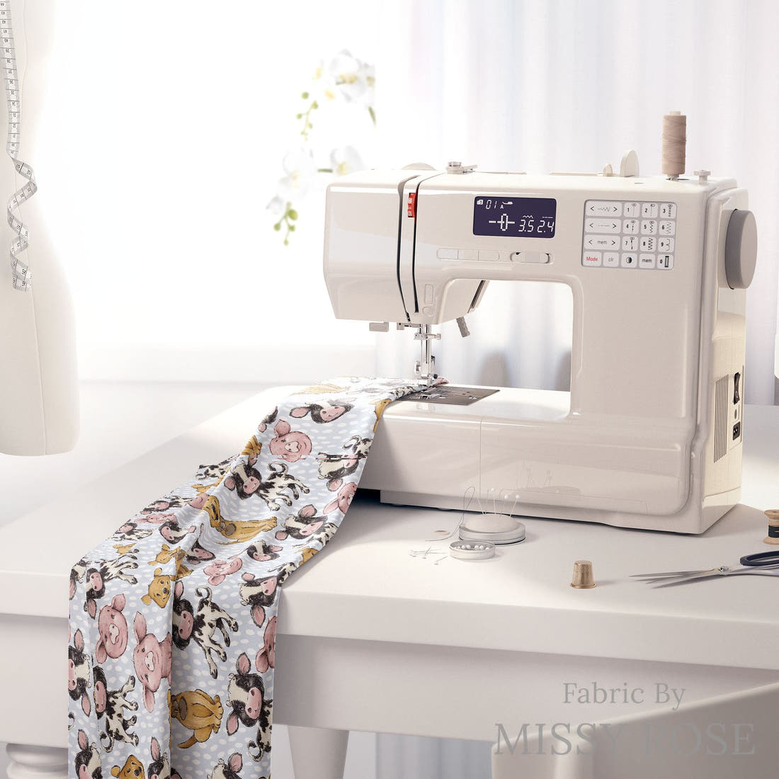 Design 4 Blue Farm Fabric on a sewing machine – premium fabric for sewing projects | Fabric by Missy Rose