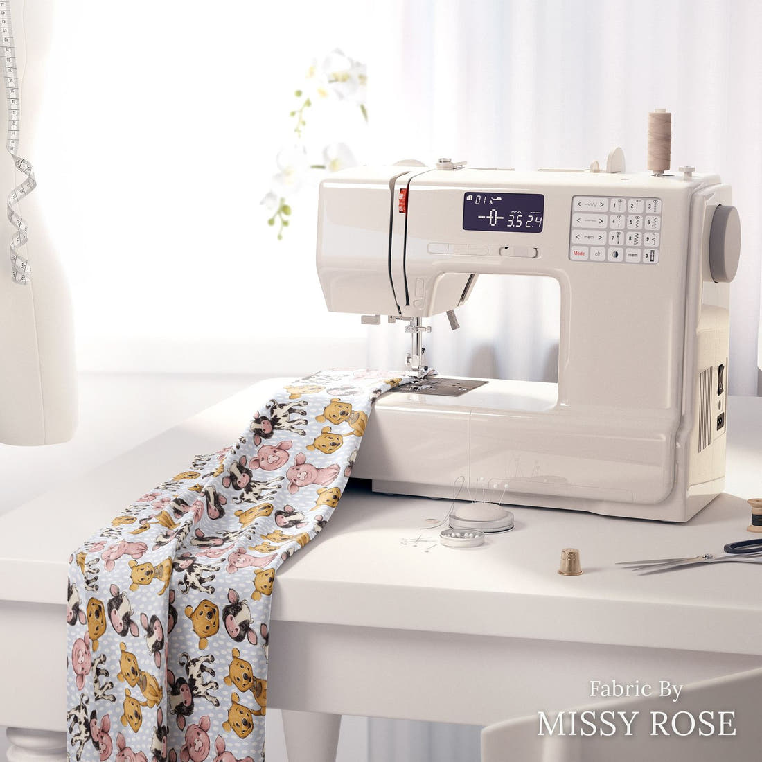 Design 4 Blue Farm Fabric on a sewing machine – premium fabric for sewing projects | Fabric by Missy Rose