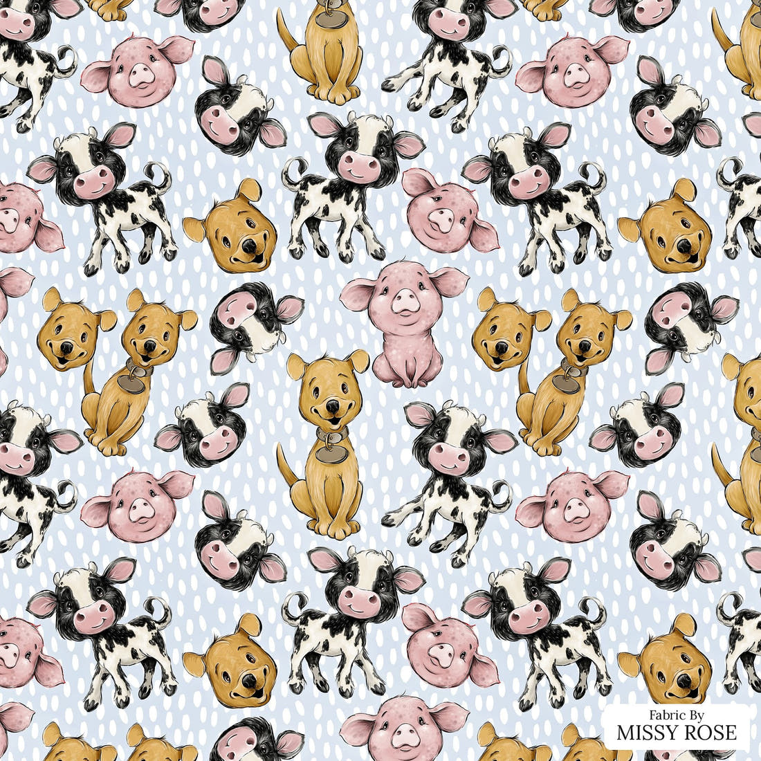 Design 4 Blue Farm Fabric - flat view of the print, zoom in for detail | Fabric by Missy Rose