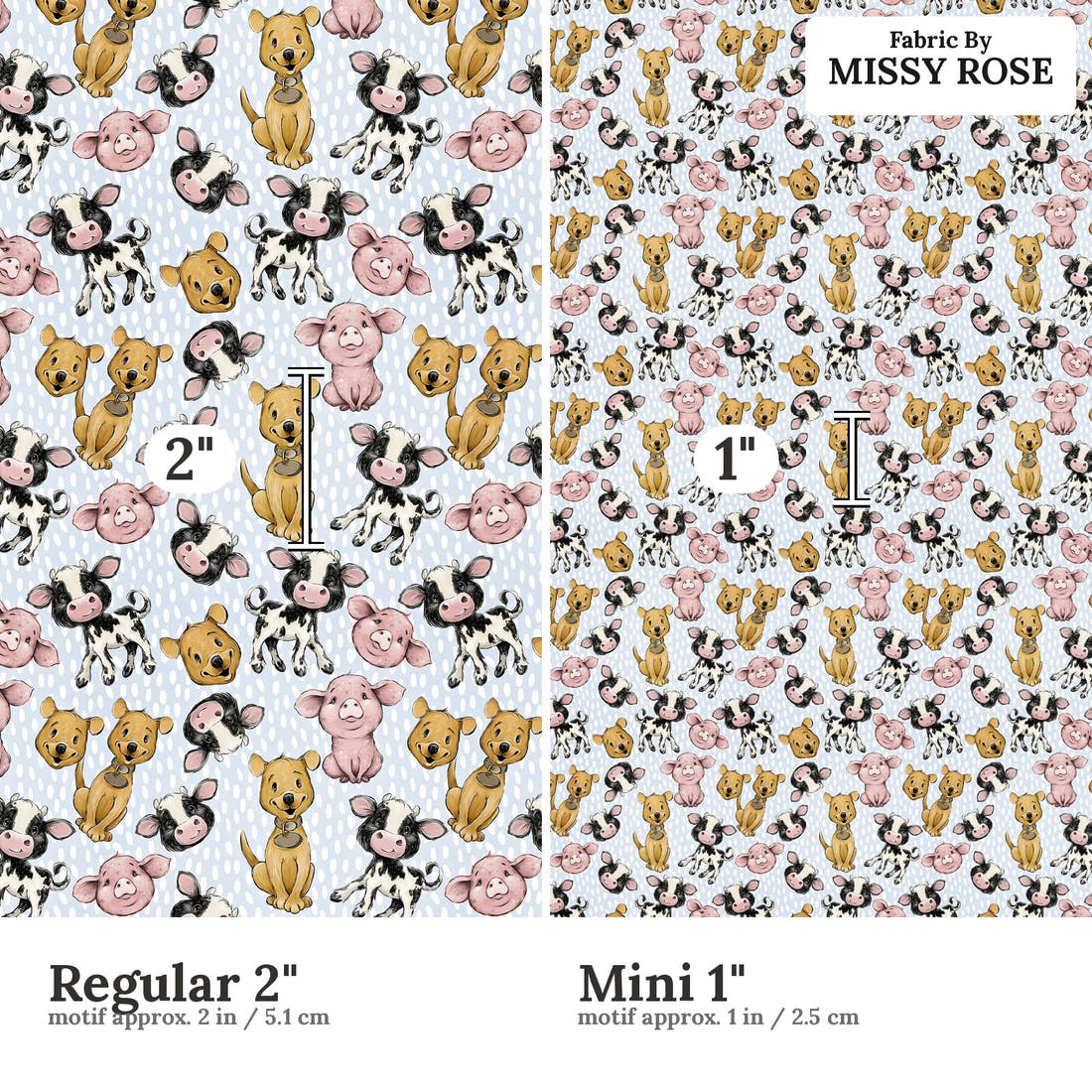 Design 4 Blue Farm Fabric size comparison - print scale | Fabric by Missy Rose