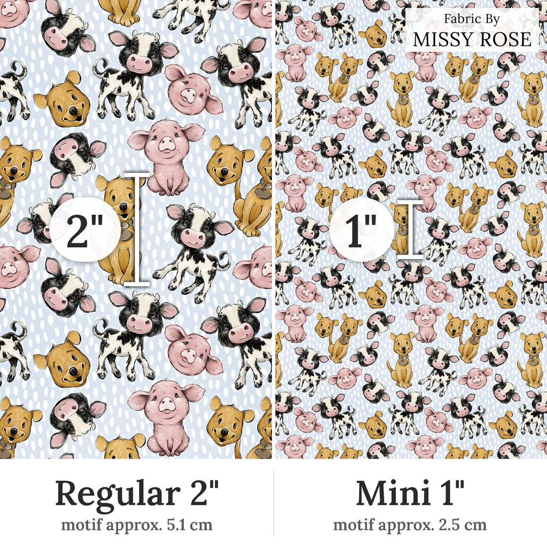 Design 4 Blue Farm Fabric Regular 2 inch vs Mini 1 inch print scale side by side | Fabric by Missy Rose