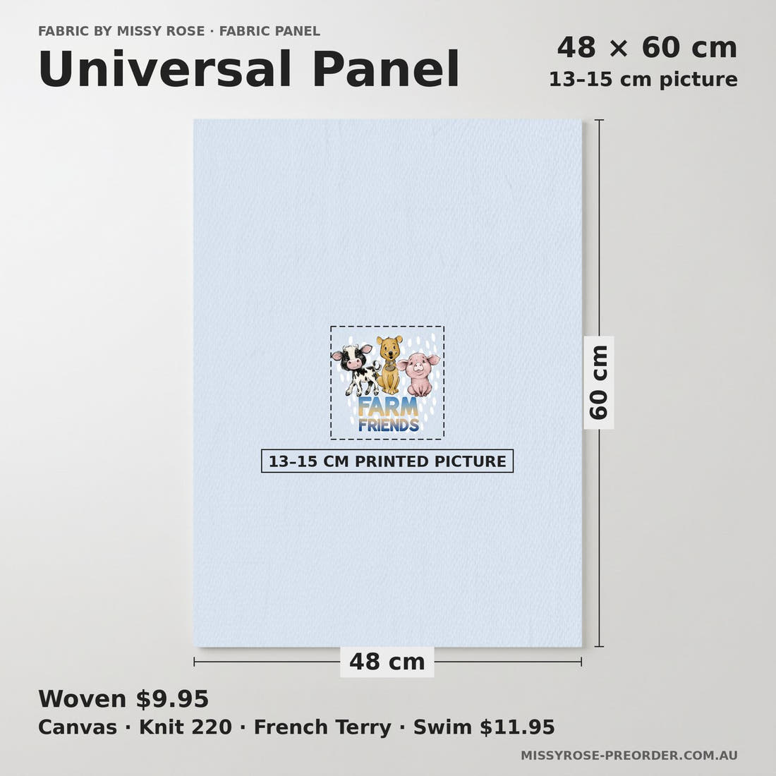 Design 4 Blue Farm Panel universal panel sizing – 13–15 cm printed picture on 48 × 60 cm fabric | Fabric by Missy Rose