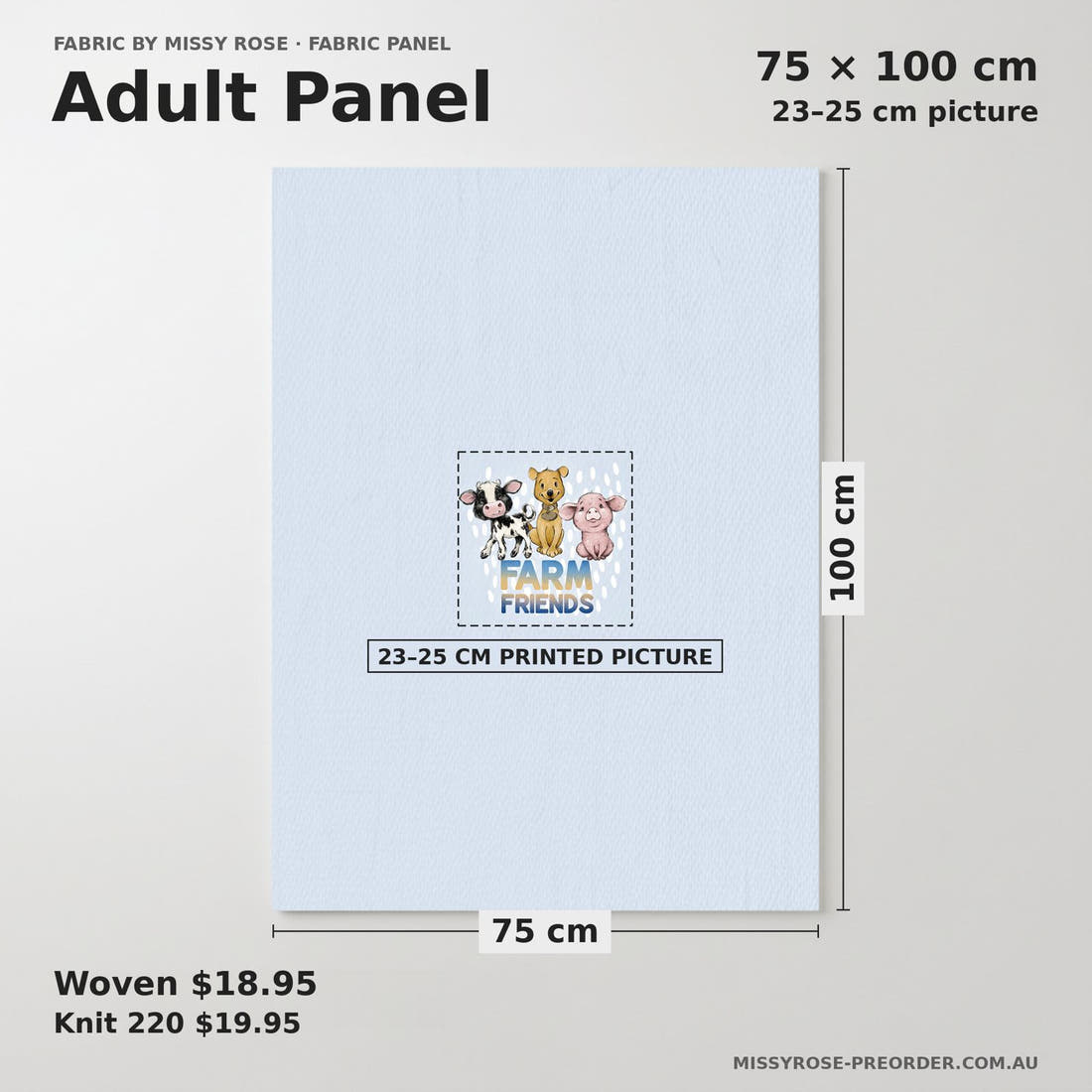 Design 4 Blue Farm Panel adult panel sizing – 23–25 cm printed picture on 75 × 100 cm fabric | Fabric by Missy Rose