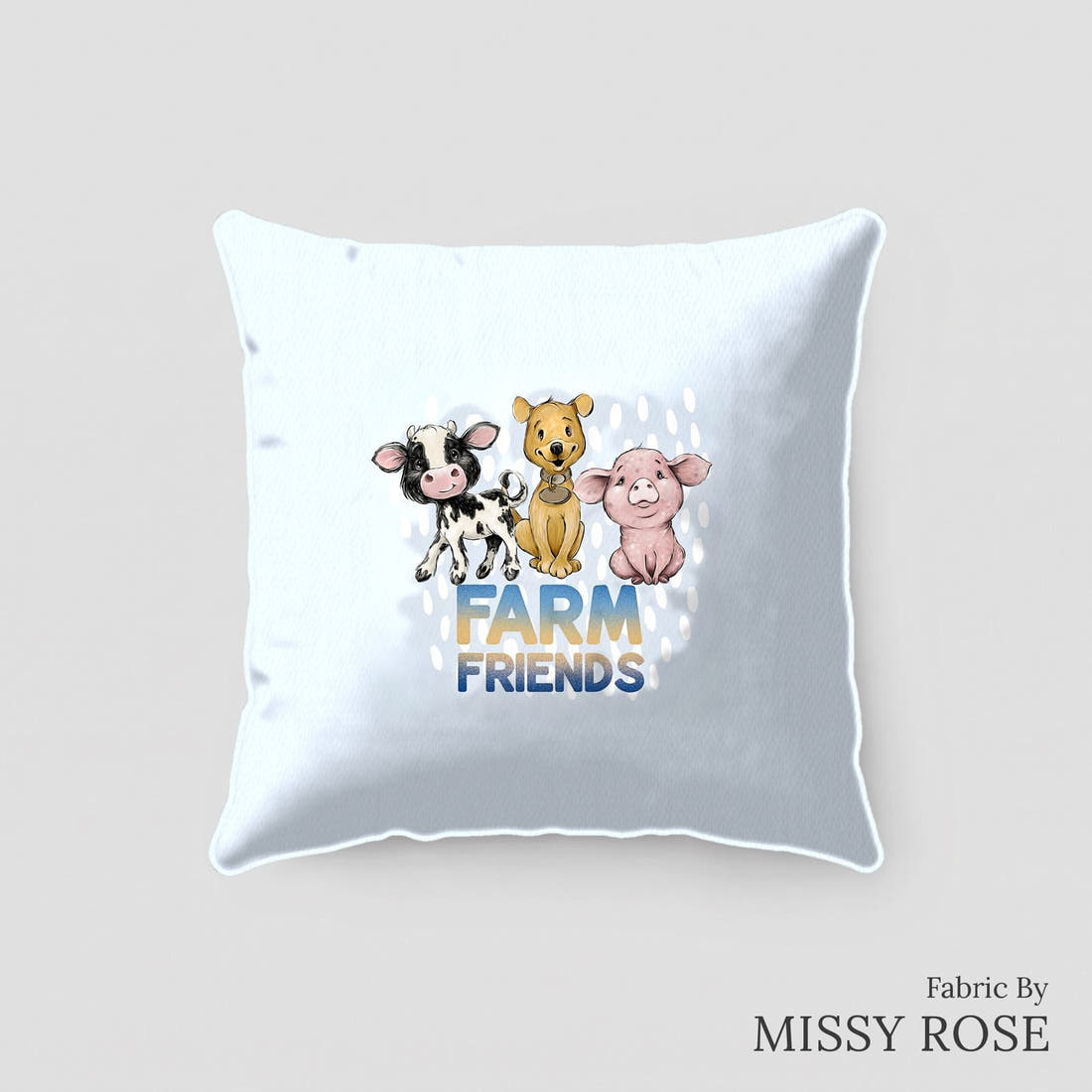 Design 4 Blue Farm Panel sewn into a cushion – see how the panel looks made up | Fabric by Missy Rose