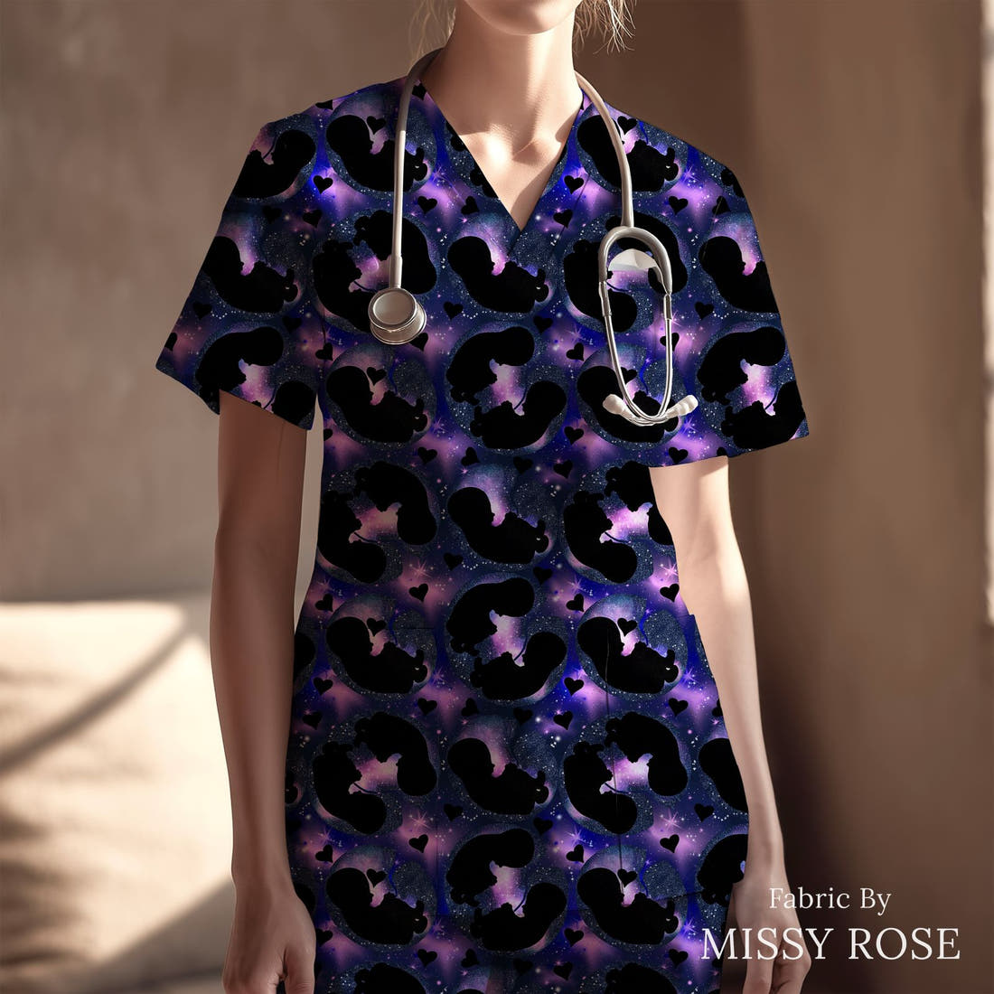 Design 40 Baby Fabric sewn into a scrubs top – see how the print looks made up | Fabric by Missy Rose