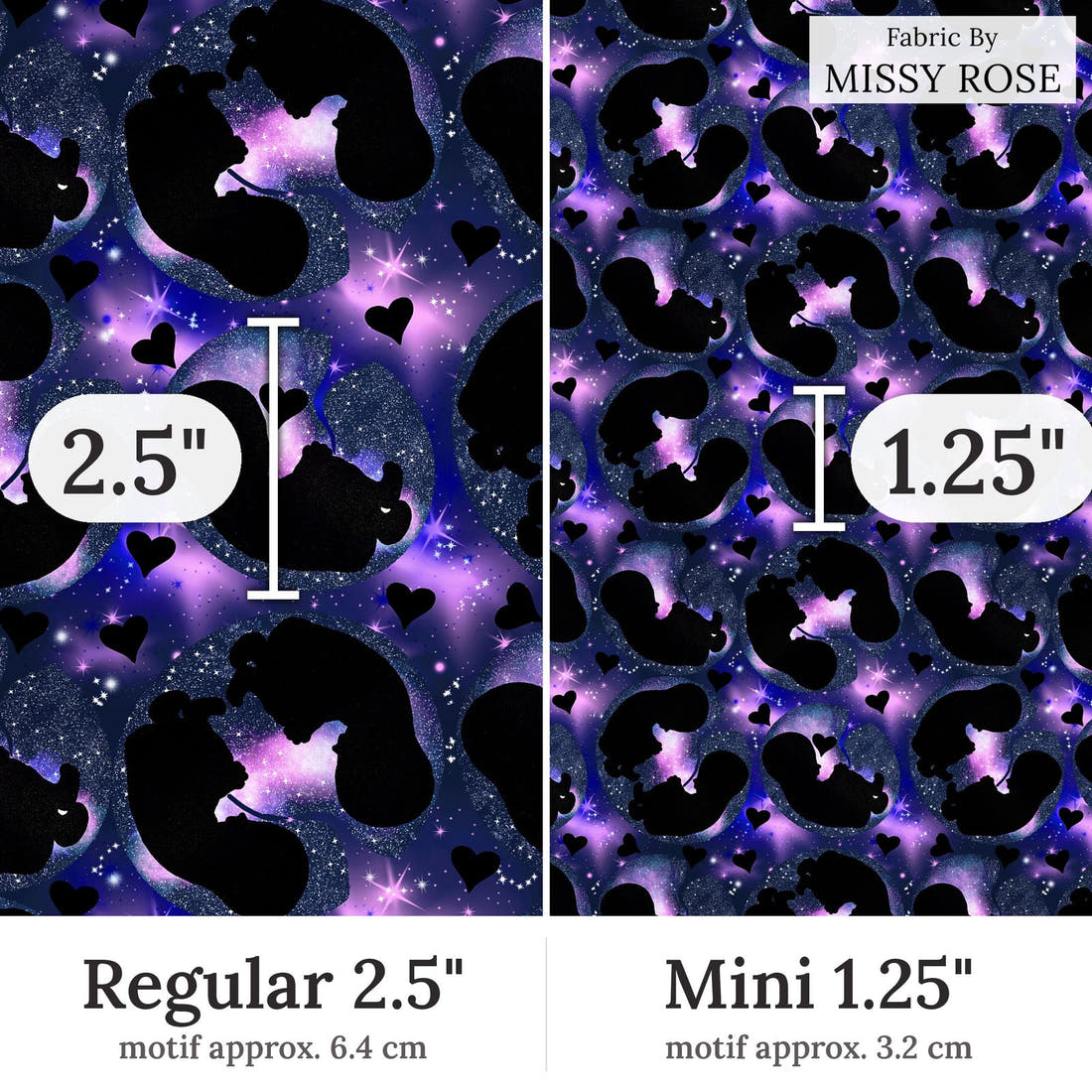 Design 40 Baby Fabric Regular 2.5 inch vs Mini 1.25 inch print scale side by side | Fabric by Missy Rose
