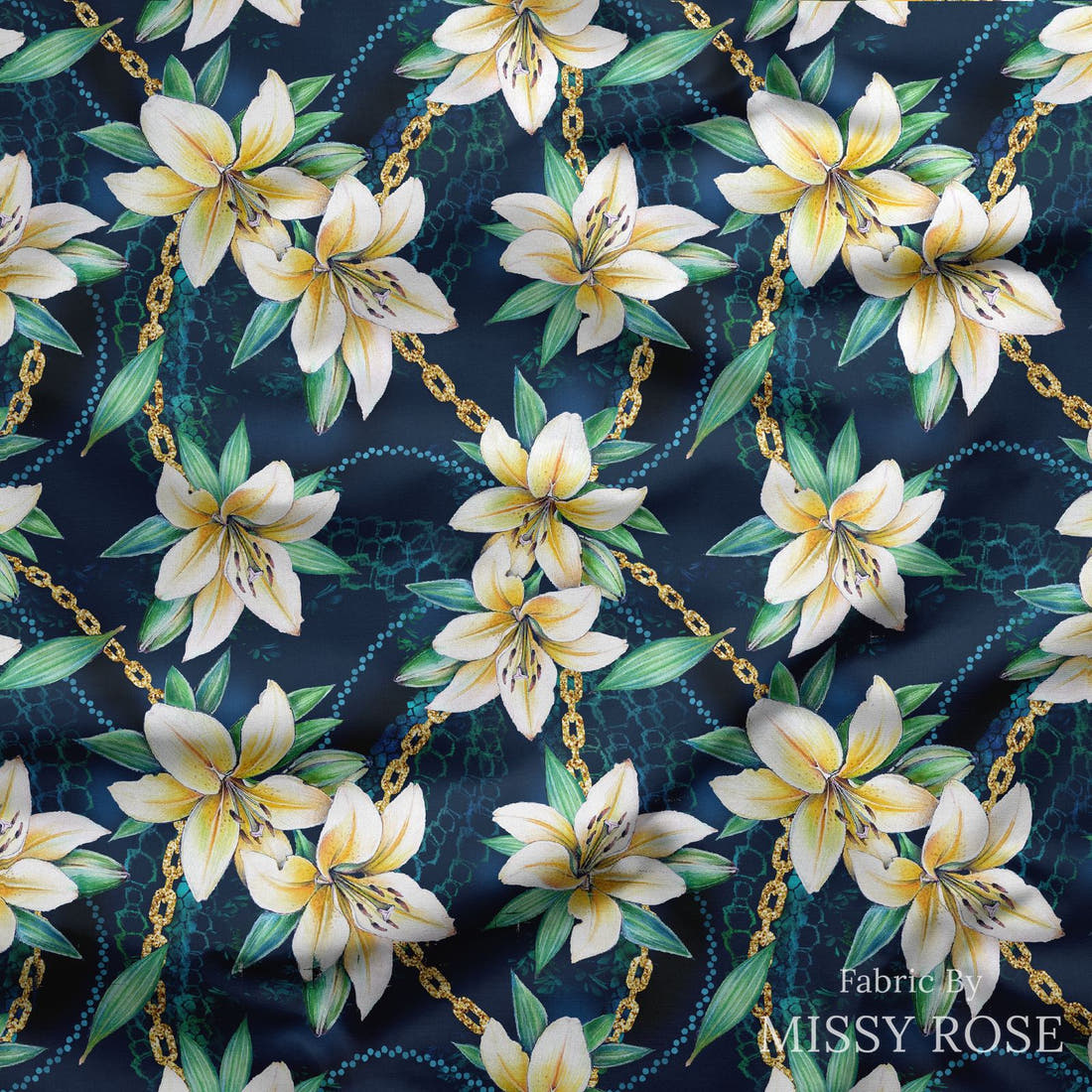 Design 400 Navy Lily Fabric draped fabric mockup – custom printed fabric by the metre | Fabric by Missy Rose