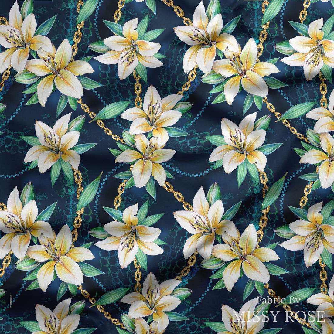 Design 400 Navy Lily Fabric draped fabric mockup – custom printed fabric by the metre | Fabric by Missy Rose