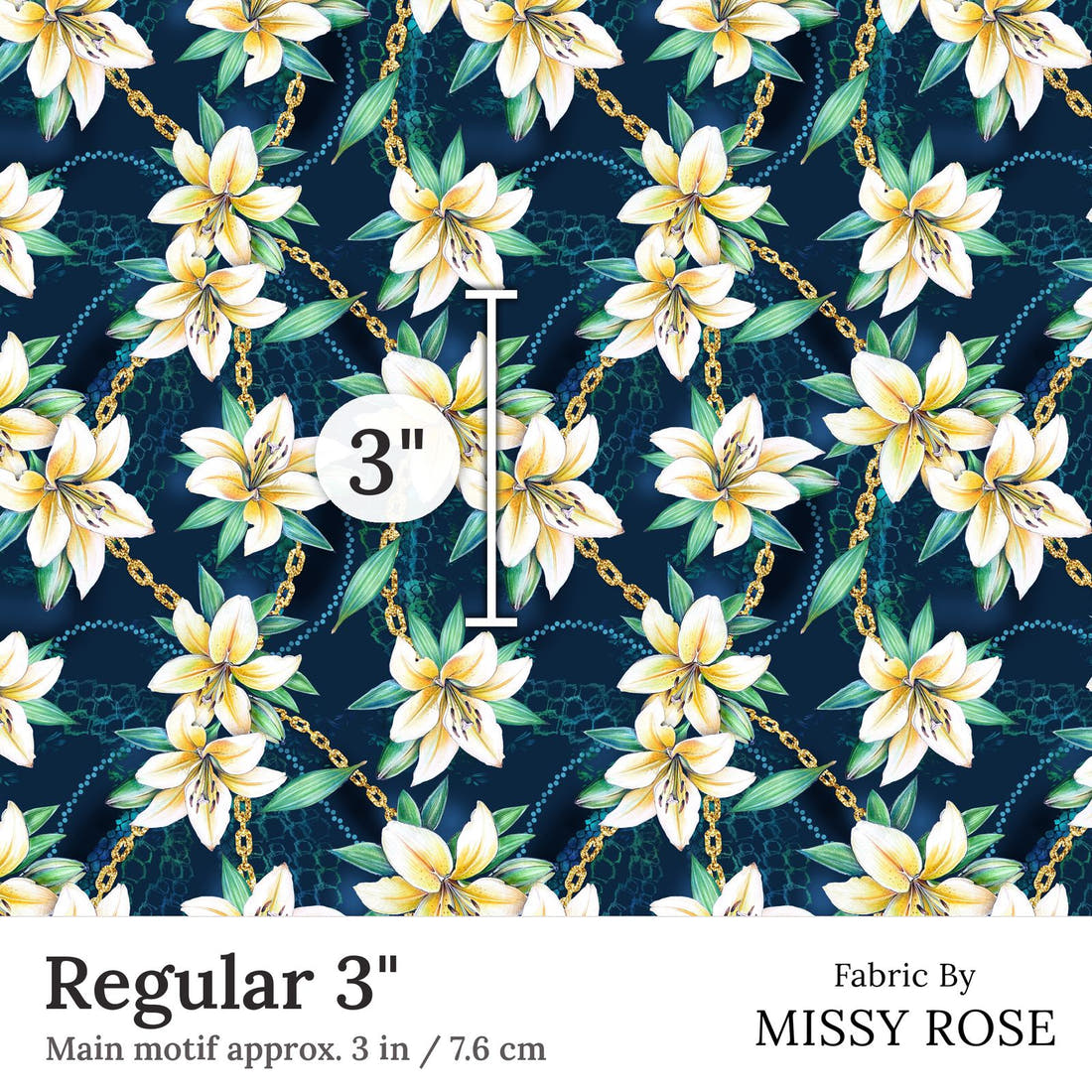 Design 400 Navy Lily Fabric Regular 3 inch print scale guide | Fabric by Missy Rose