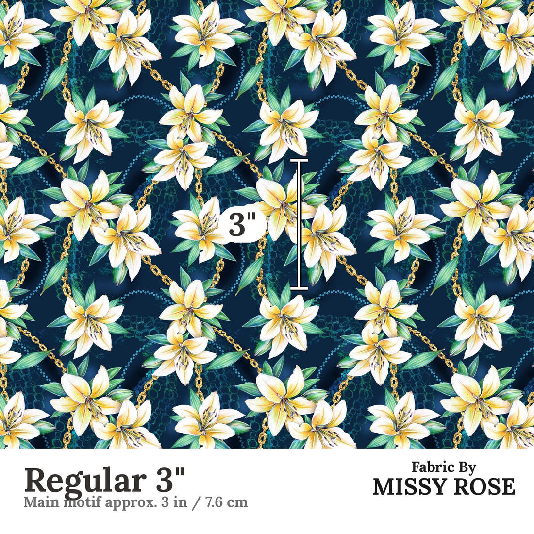 Design 400 Navy Lily Fabric Regular 3" - print scale | Fabric by Missy Rose