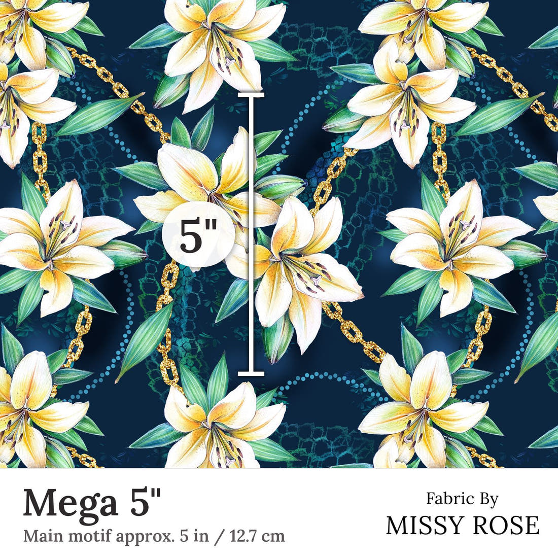 Design 400 Navy Lily Fabric Mega 5 inch print scale guide | Fabric by Missy Rose