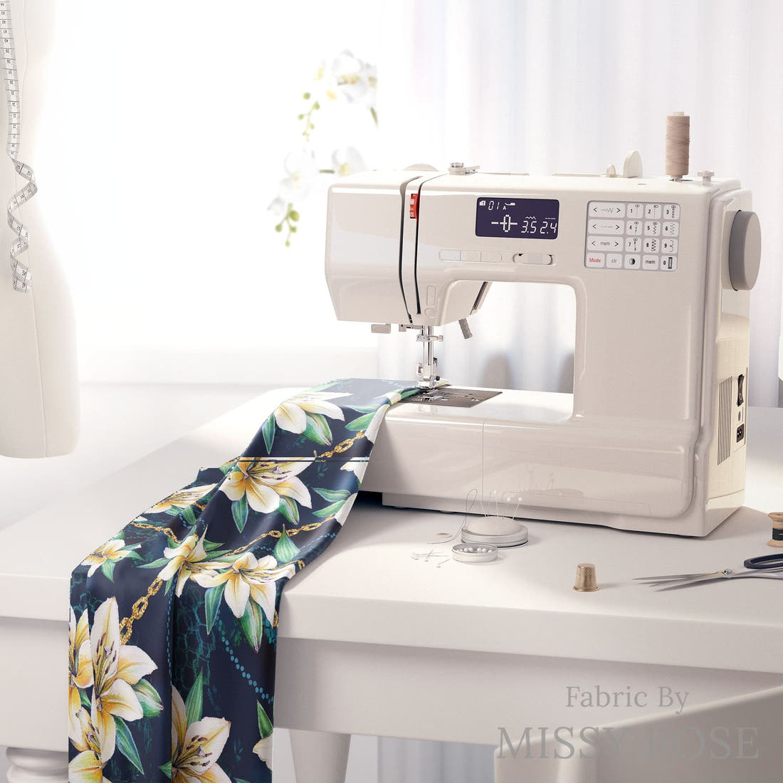 Design 400 Navy Lily Fabric on a sewing machine – premium fabric for sewing projects | Fabric by Missy Rose