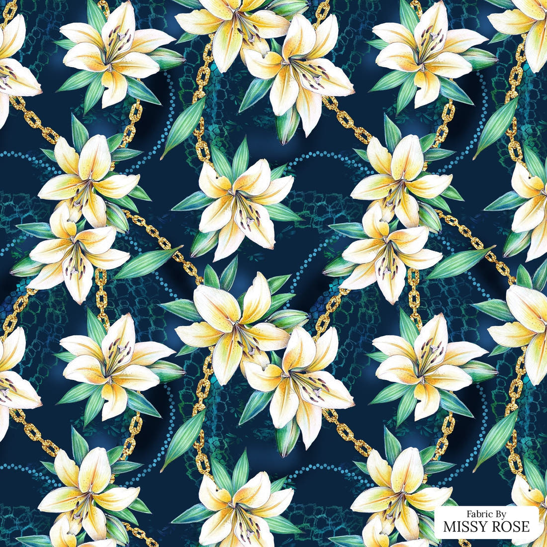 Design 400 Navy Lily Fabric - flat view of the print, zoom in for detail | Fabric by Missy Rose