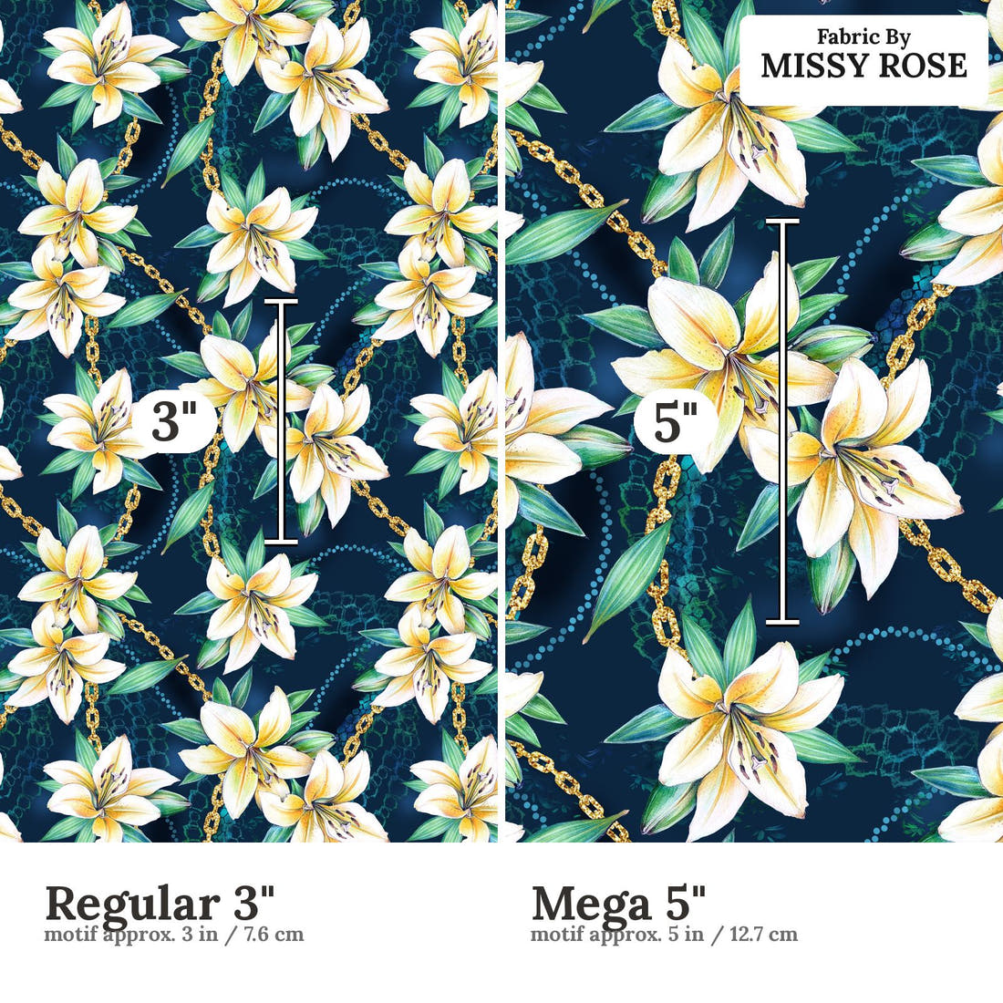 Design 400 Navy Lily Fabric size comparison - print scale | Fabric by Missy Rose