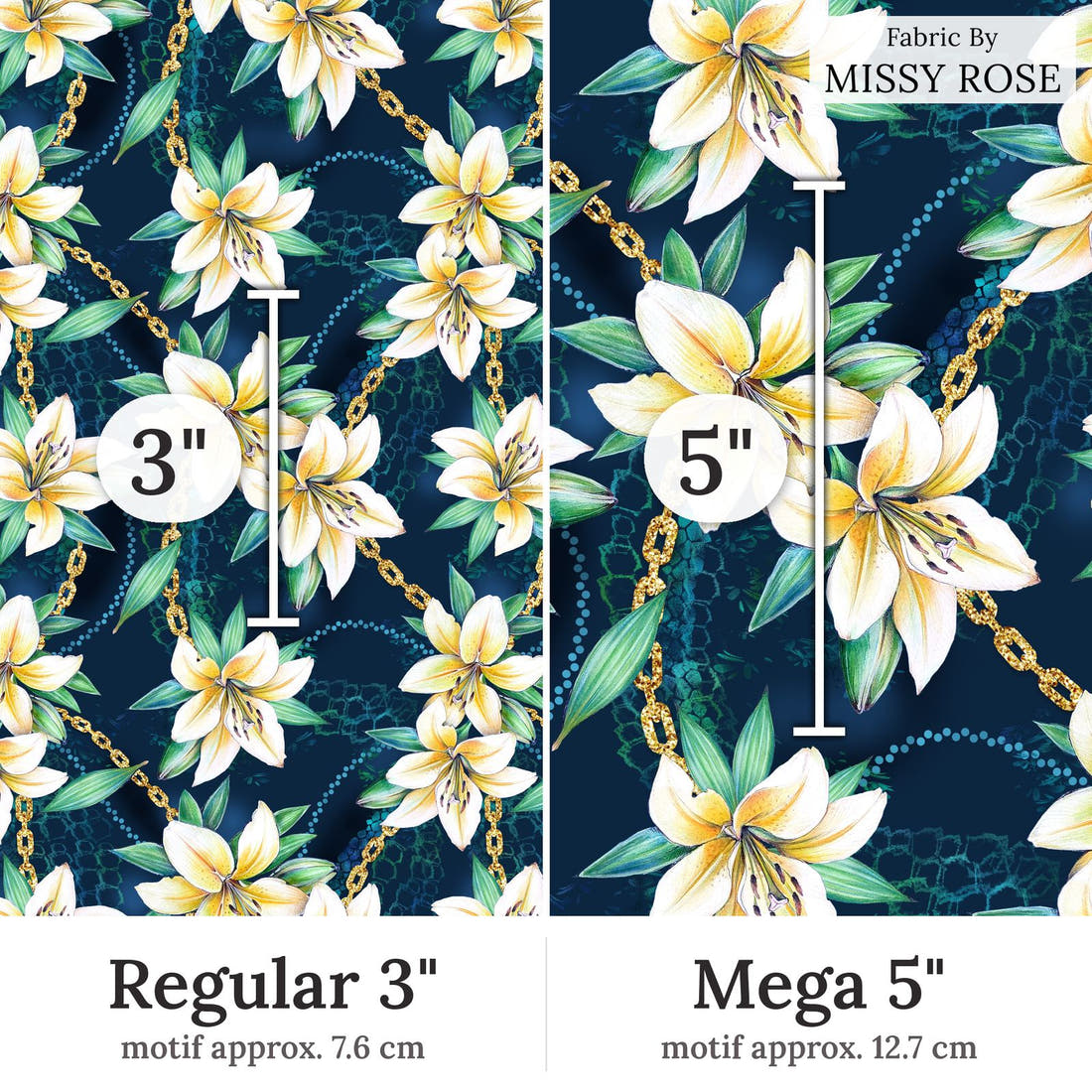 Design 400 Navy Lily Fabric Regular 3 inch vs Mega 5 inch print scale side by side | Fabric by Missy Rose