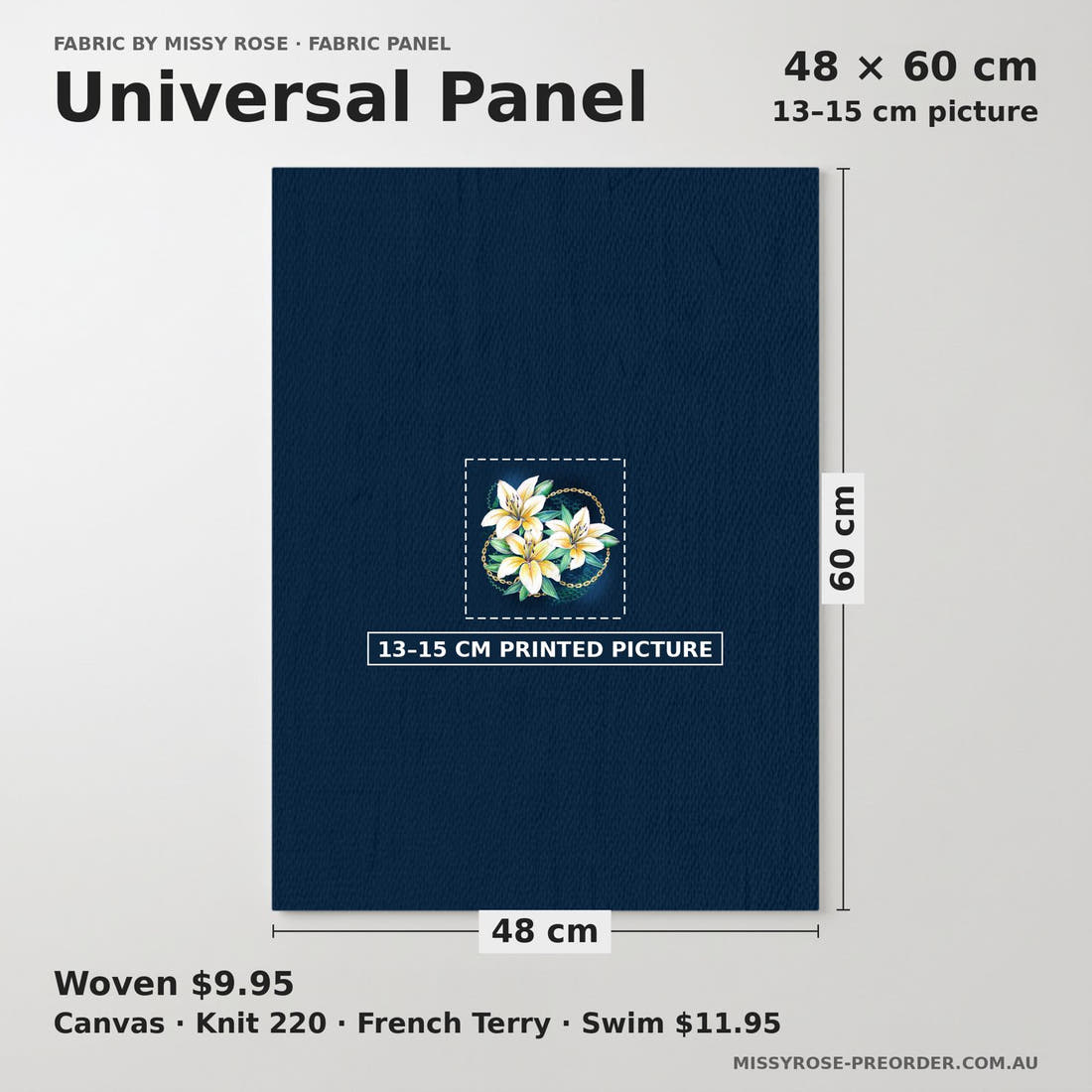 Design 400 Navy Lily Panel universal panel sizing – 13–15 cm printed picture on 48 × 60 cm fabric | Fabric by Missy Rose