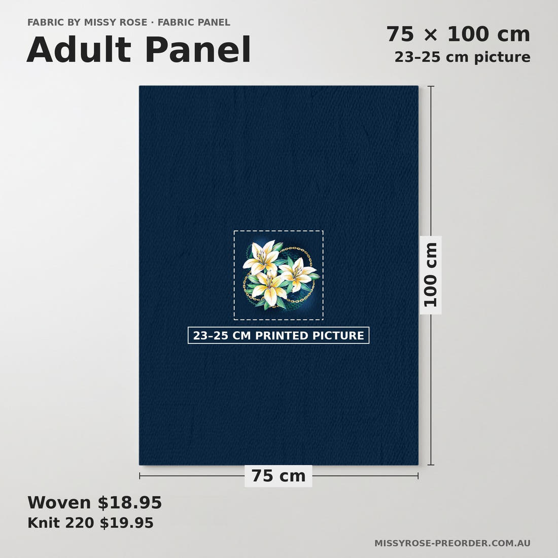 Design 400 Navy Lily Panel adult panel sizing – 23–25 cm printed picture on 75 × 100 cm fabric | Fabric by Missy Rose