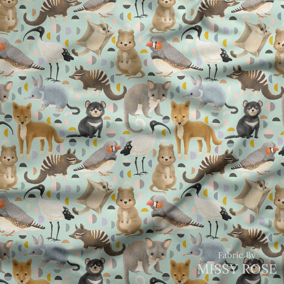 Design 401 Light Blue Australian Animals Fabric draped fabric mockup – custom printed fabric by the metre | Fabric by Missy Rose