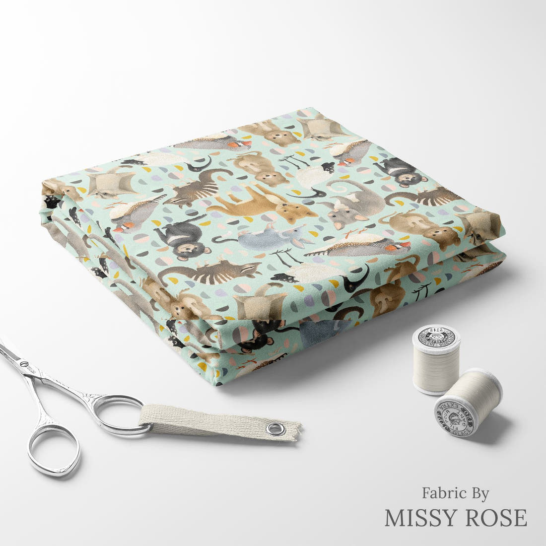 Design 401 Light Blue Australian Animals Fabric folded fabric stack with matching thread – pre-order fabric Australia | Fabric by Missy Rose