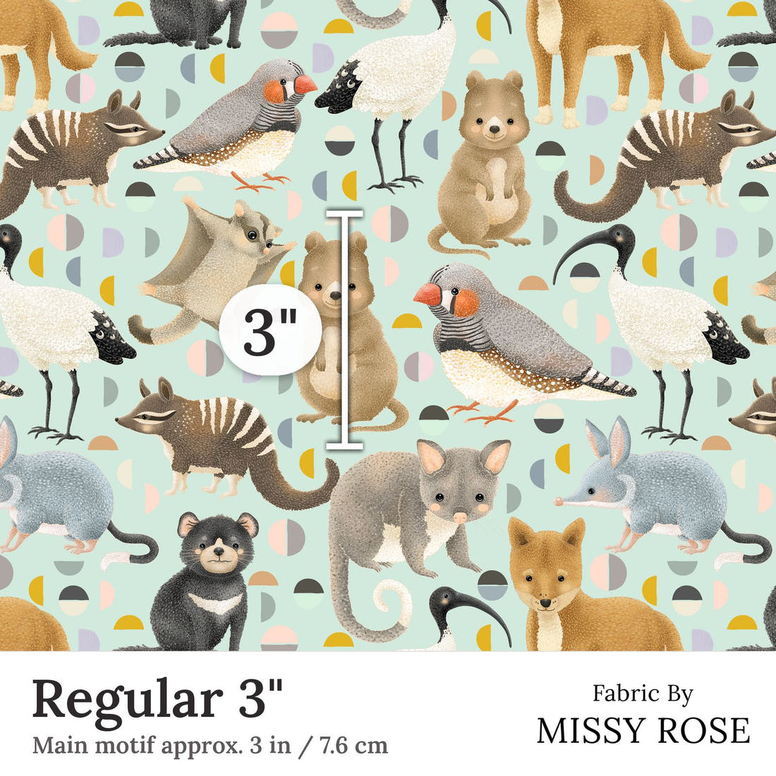 Design 401 Light Blue Australian Animals Fabric Regular 3 inch print scale guide | Fabric by Missy Rose