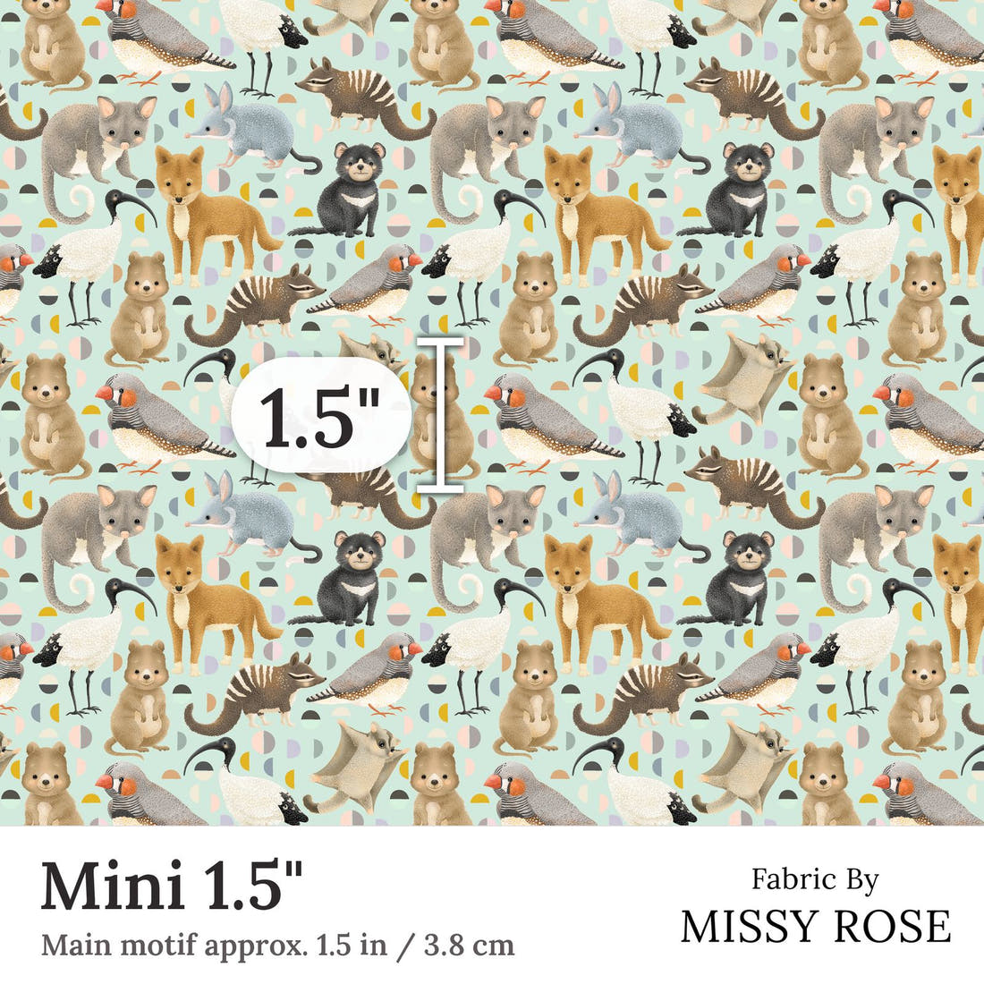 Design 401 Light Blue Australian Animals Fabric Mini 1.5 inch print scale guide | Fabric by Missy Rose