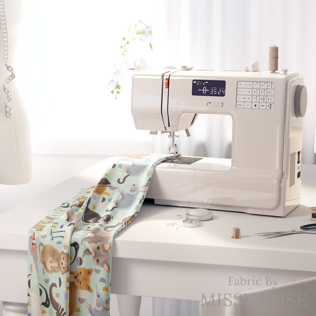 Design 401 Light Blue Australian Animals Fabric on a sewing machine – premium fabric for sewing projects | Fabric by Missy Rose