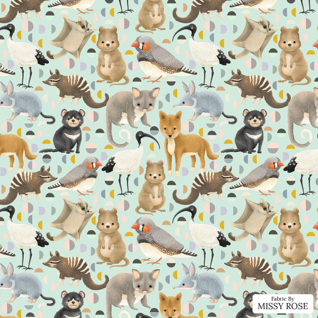 Design 401 Light Blue Australian Animals Fabric - flat view of the print, zoom in for detail | Fabric by Missy Rose