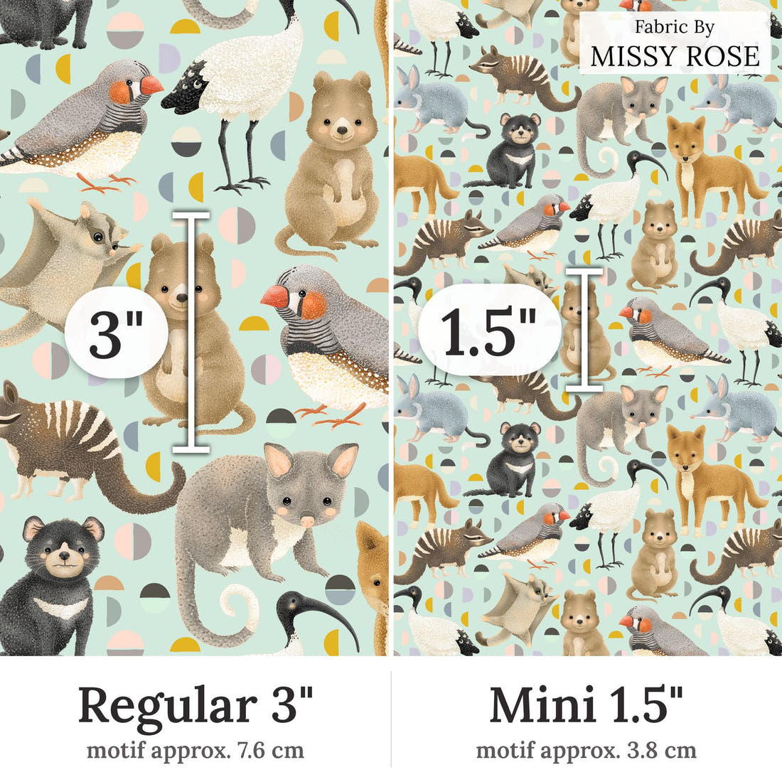 Design 401 Light Blue Australian Animals Fabric Regular 3 inch vs Mini 1.5 inch print scale side by side | Fabric by Missy Rose