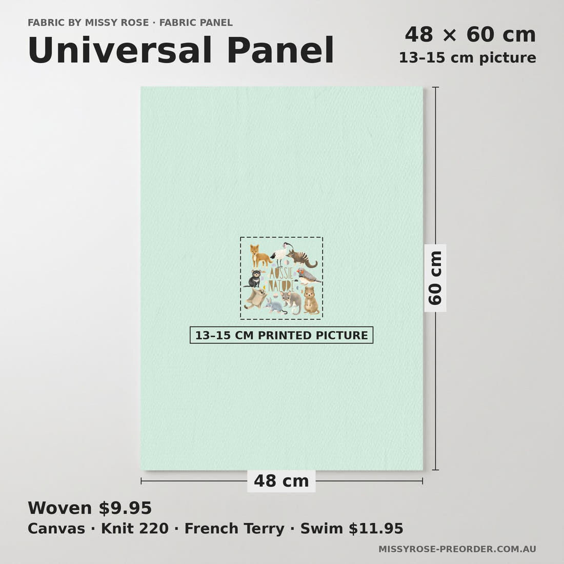 Design 401 Light Blue Australian Animals Panel universal panel sizing – 13–15 cm printed picture on 48 × 60 cm fabric | Fabric by Missy Rose