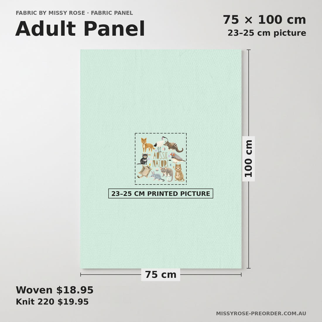 Design 401 Light Blue Australian Animals Panel adult panel sizing – 23–25 cm printed picture on 75 × 100 cm fabric | Fabric by Missy Rose