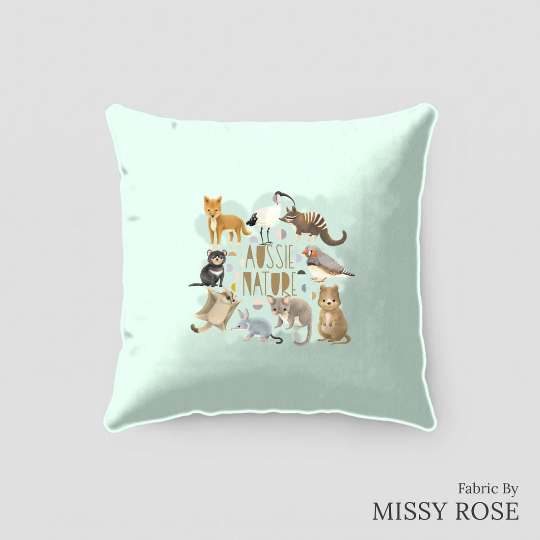 Design 401 Light Blue Australian Animals Panel sewn into a cushion – see how the panel looks made up | Fabric by Missy Rose
