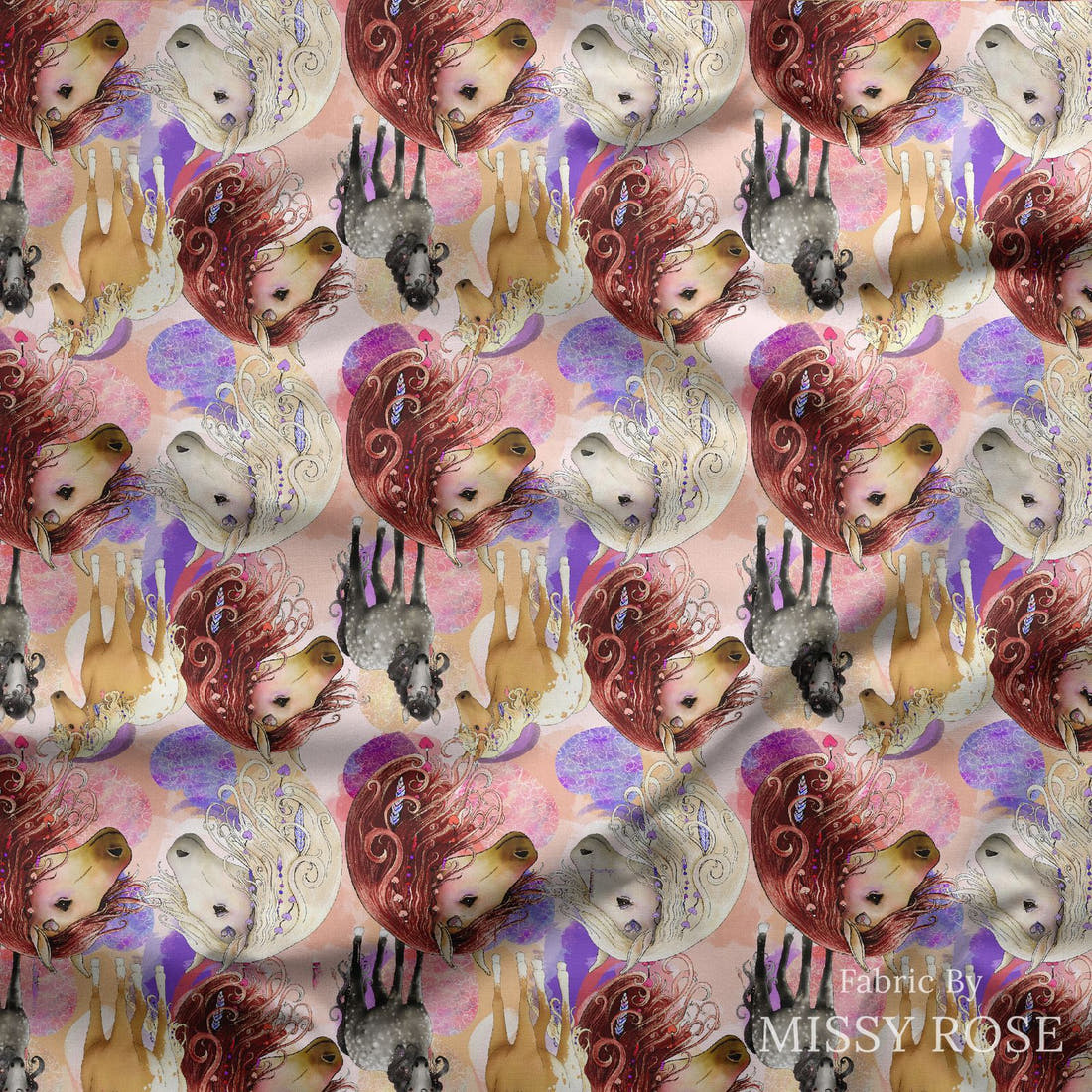 Design 402 Boho Horses Fabric draped fabric mockup – custom printed fabric by the metre | Fabric by Missy Rose