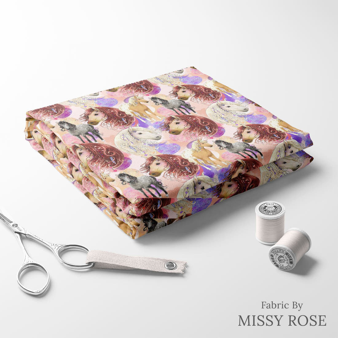 Design 402 Boho Horses Fabric folded fabric stack with matching thread – pre-order fabric Australia | Fabric by Missy Rose