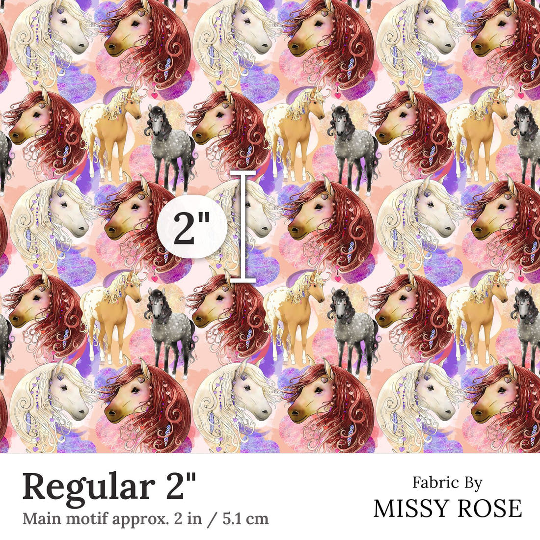 Design 402 Boho Horses Fabric Regular 2 inch print scale guide | Fabric by Missy Rose