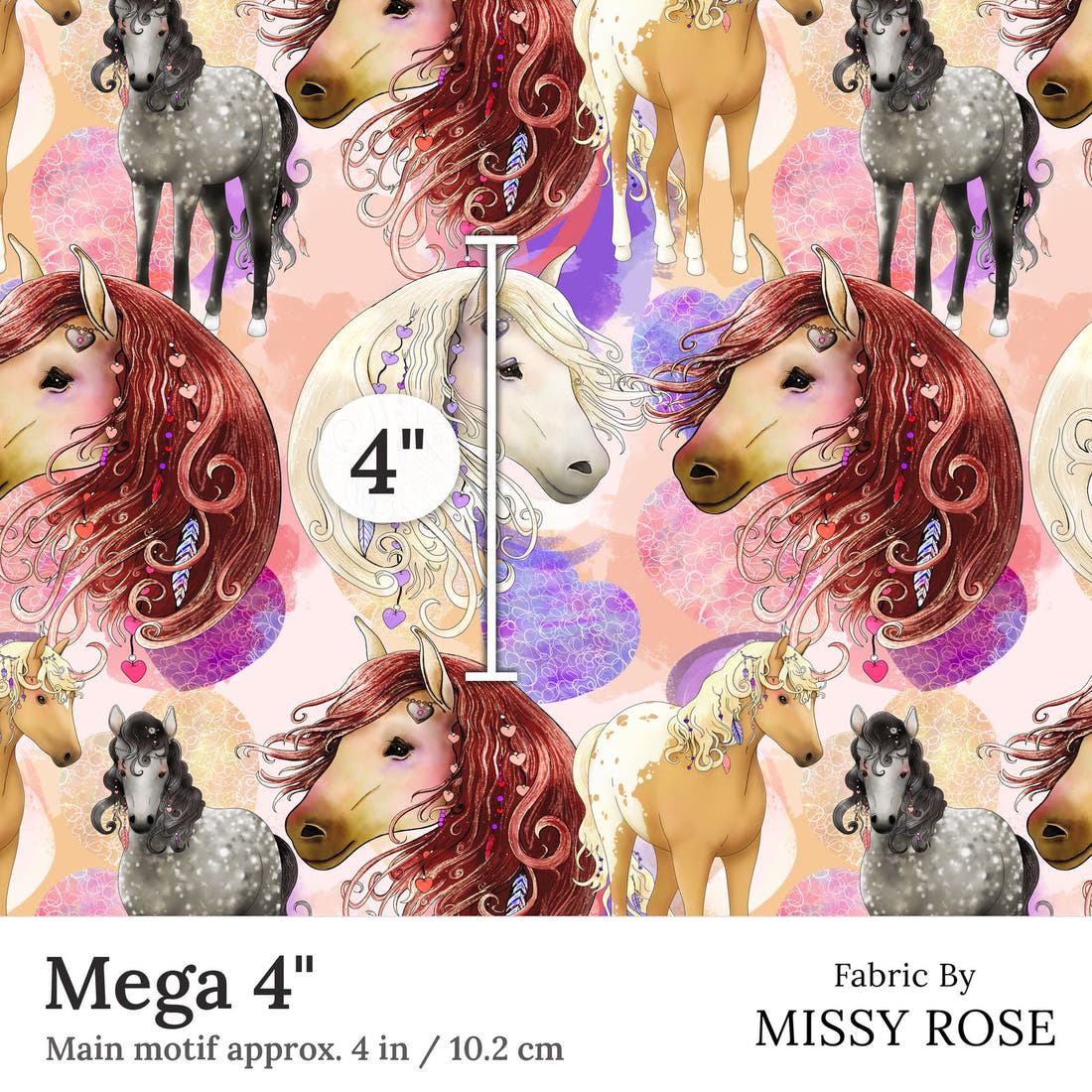 Design 402 Boho Horses Fabric Mega 4 inch print scale guide | Fabric by Missy Rose