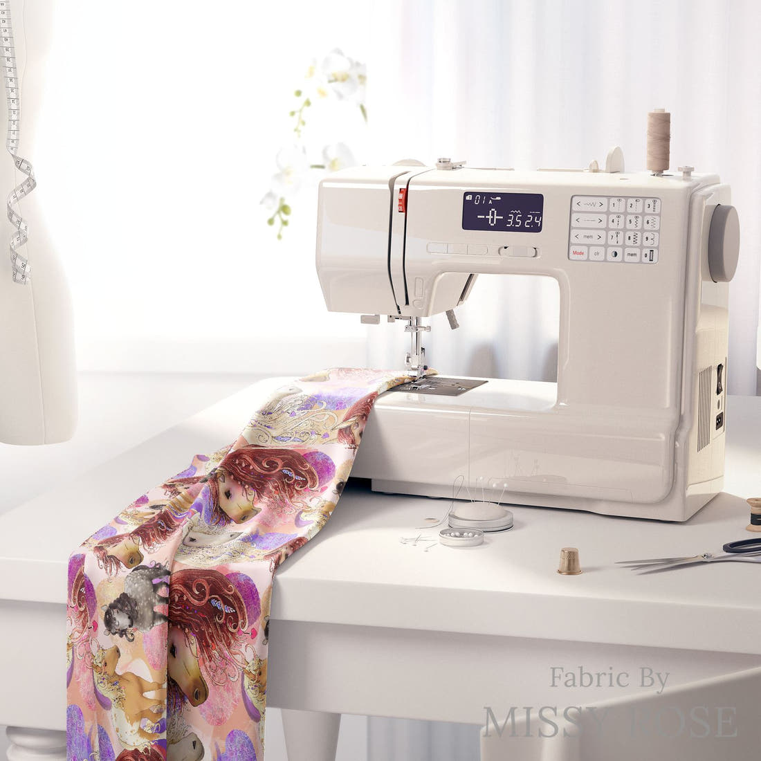 Design 402 Boho Horses Fabric on a sewing machine – premium fabric for sewing projects | Fabric by Missy Rose