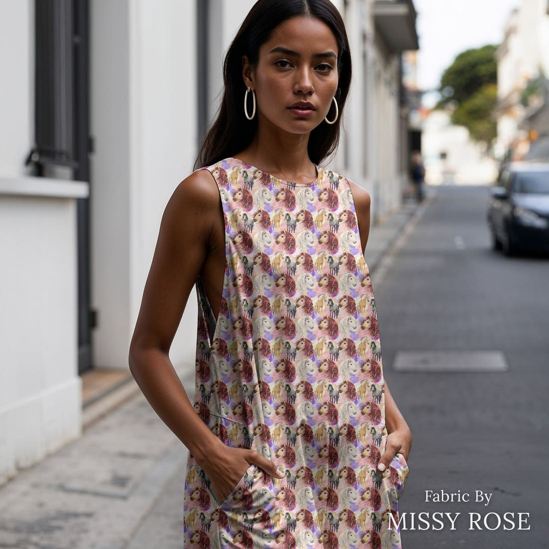 Design 402 Boho Horses Fabric sewn into a women's jumpsuit – see how the print looks made up | Fabric by Missy Rose