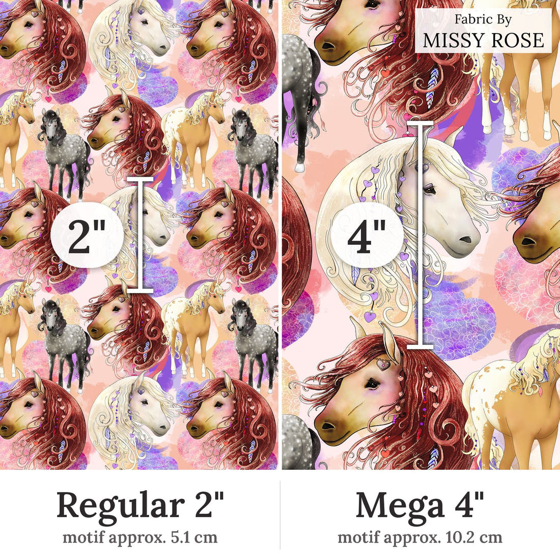 Design 402 Boho Horses Fabric Regular 2 inch vs Mega 4 inch print scale side by side | Fabric by Missy Rose