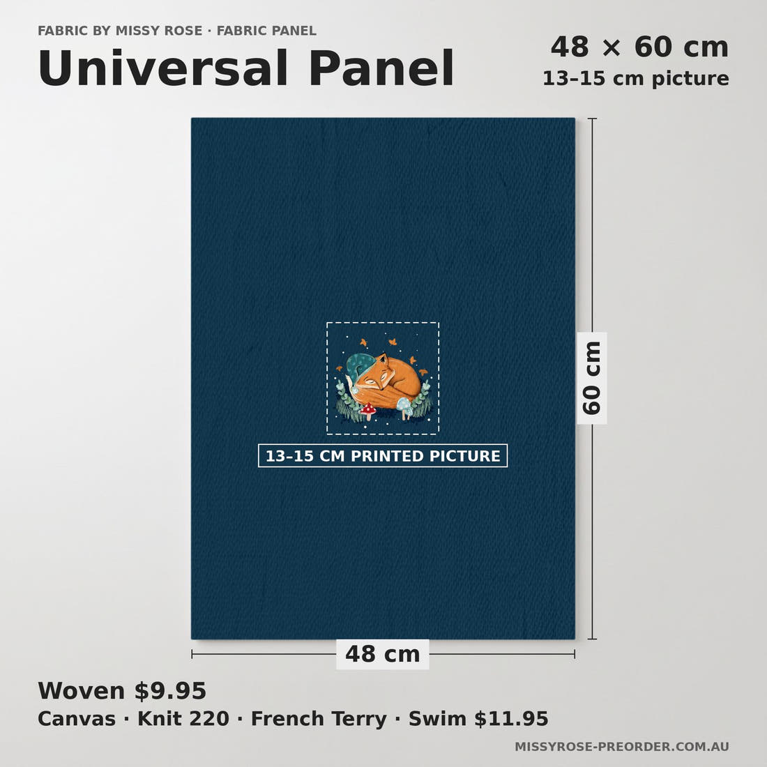 Design 403 Sleepy Fox Panel universal panel sizing – 13–15 cm printed picture on 48 × 60 cm fabric | Fabric by Missy Rose