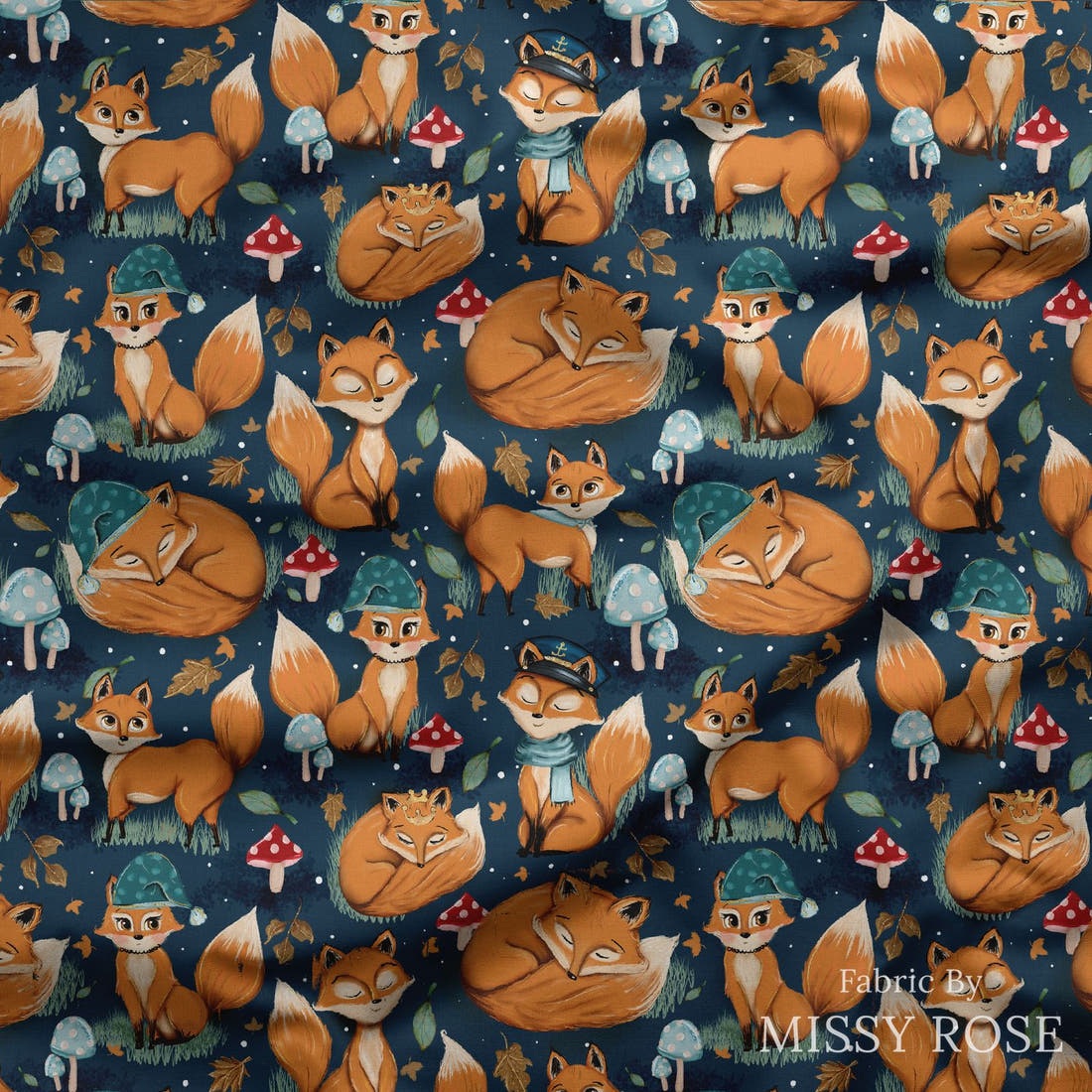 Design 403 Sleepy Fox Fabric draped fabric mockup – custom printed fabric by the metre | Fabric by Missy Rose