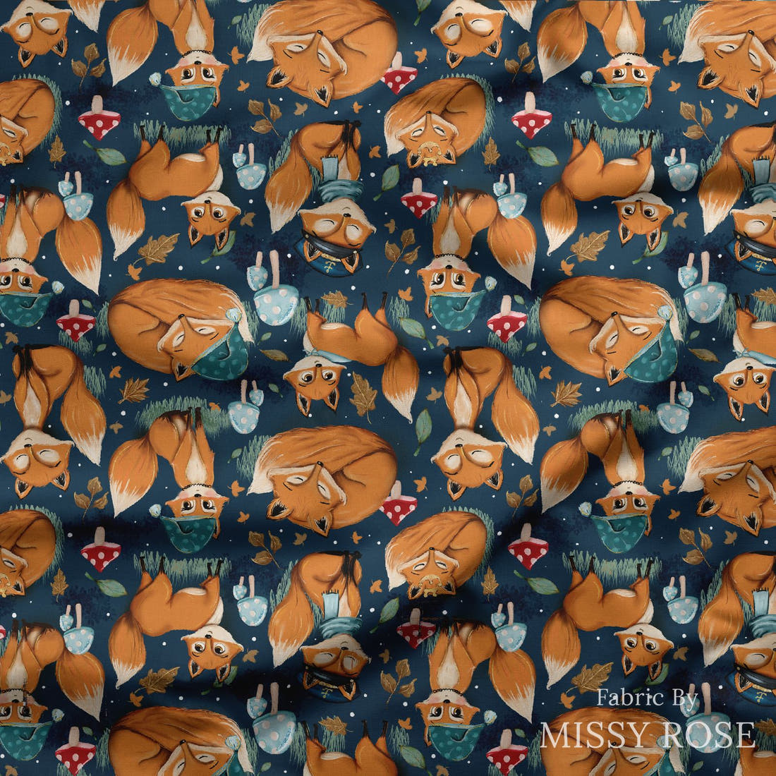Design 403 Sleepy Fox Fabric draped fabric mockup – custom printed fabric by the metre | Fabric by Missy Rose