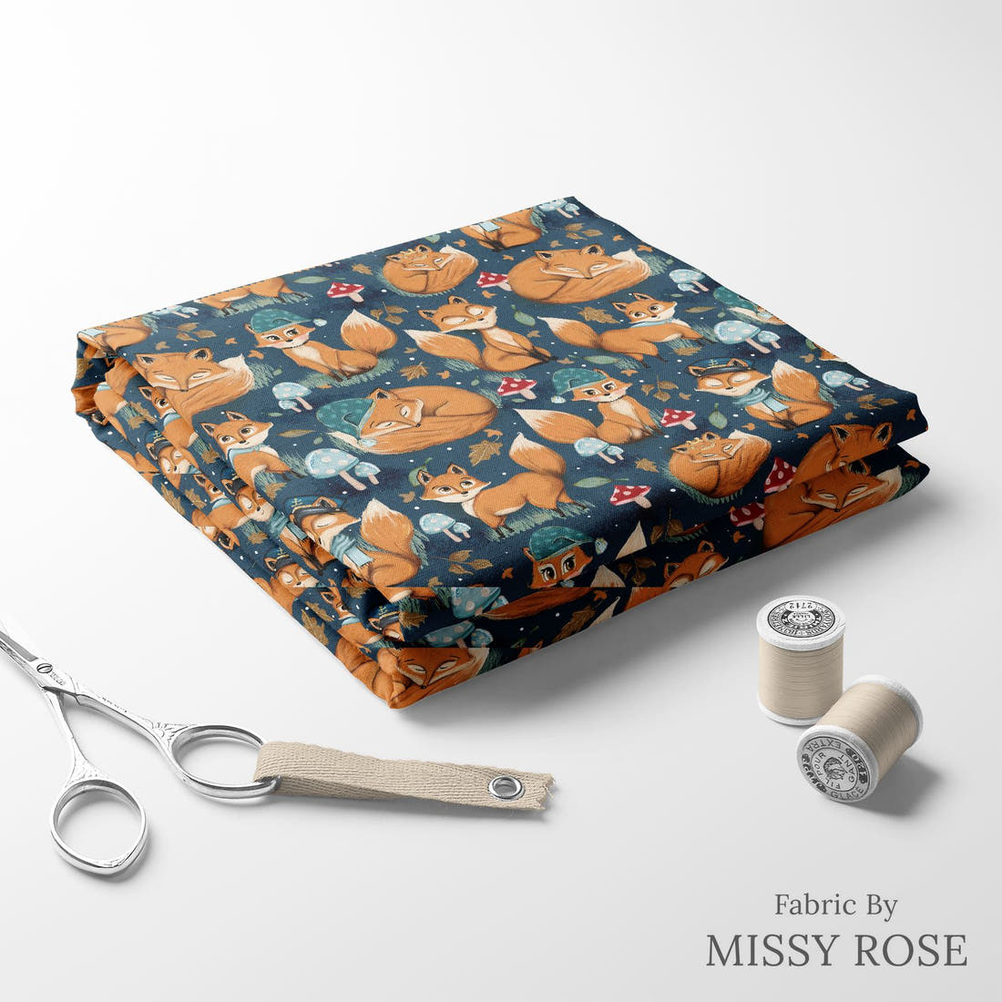 Design 403 Sleepy Fox Fabric folded fabric stack with matching thread – pre-order fabric Australia | Fabric by Missy Rose