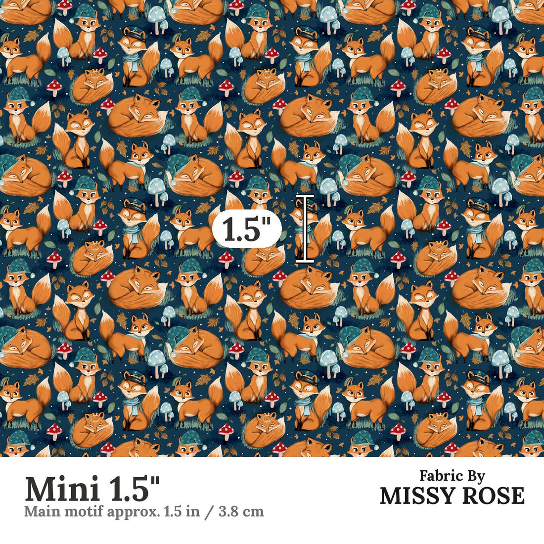 Design 403 Sleepy Fox Fabric Mini 1.5" - print scale | Fabric by Missy Rose